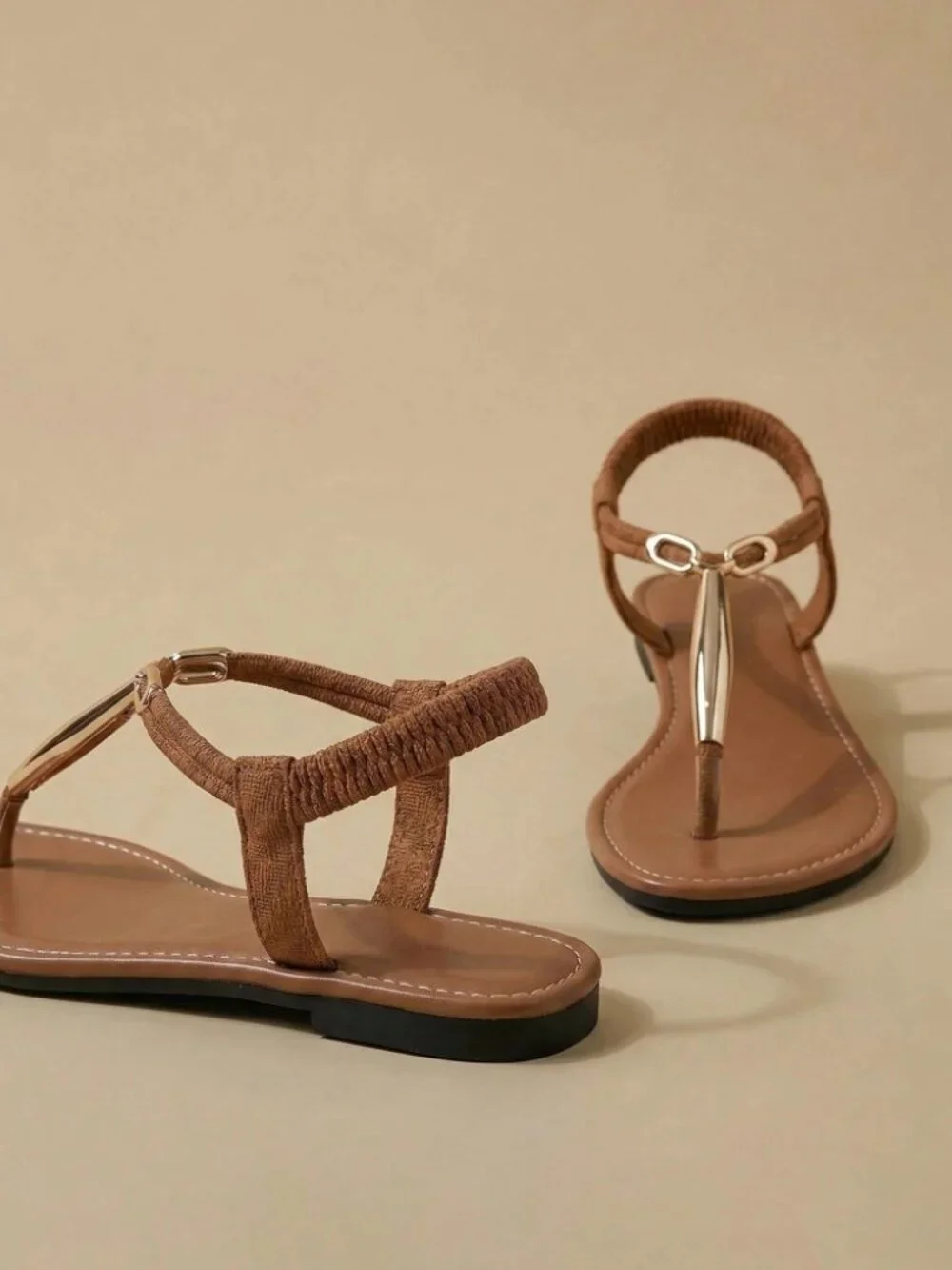 Cognac Brown T-Strap Flat Sandals with Gold Toe Bar